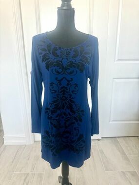 Soma Royal Blue Long-Sleeve Tunic Dress with Black Velour Pattern
